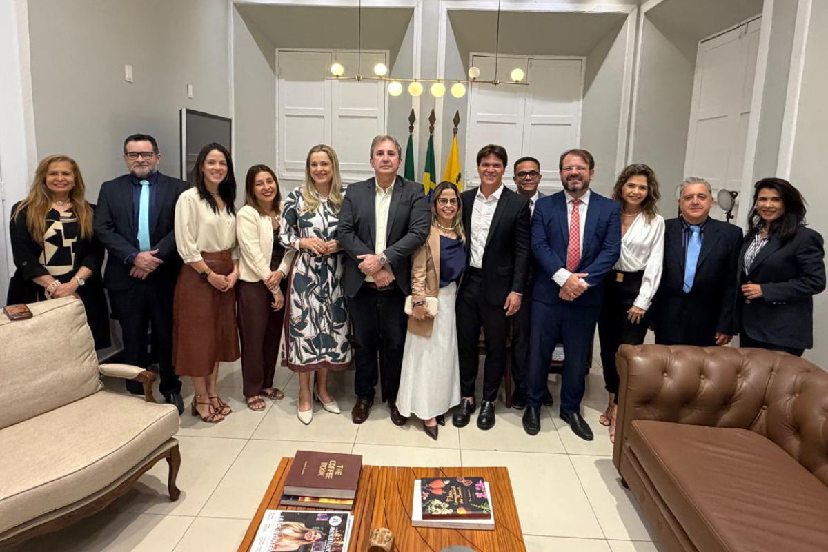 A imagem mostra um grupo de 14 pessoas, entre homens e mulheres, posando lado a lado para uma foto em um ambiente institucional. Os participantes vestem roupas sociais e estão diante de bandeiras oficiais, em uma sala com paredes claras, iluminação suspensa e poltronas nas laterais. Ao centro, há uma mesa de madeira com livros e revistas.